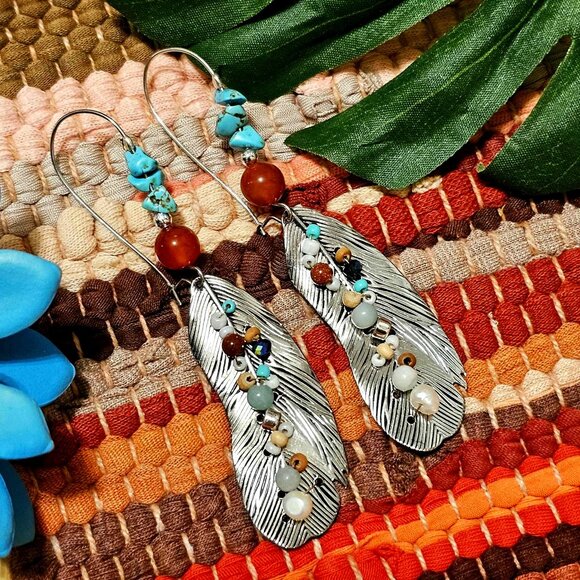 Jewelry - Earrings. Southwestern. Etched Silver Feathers. Turquoise, Carnelian Beaded.